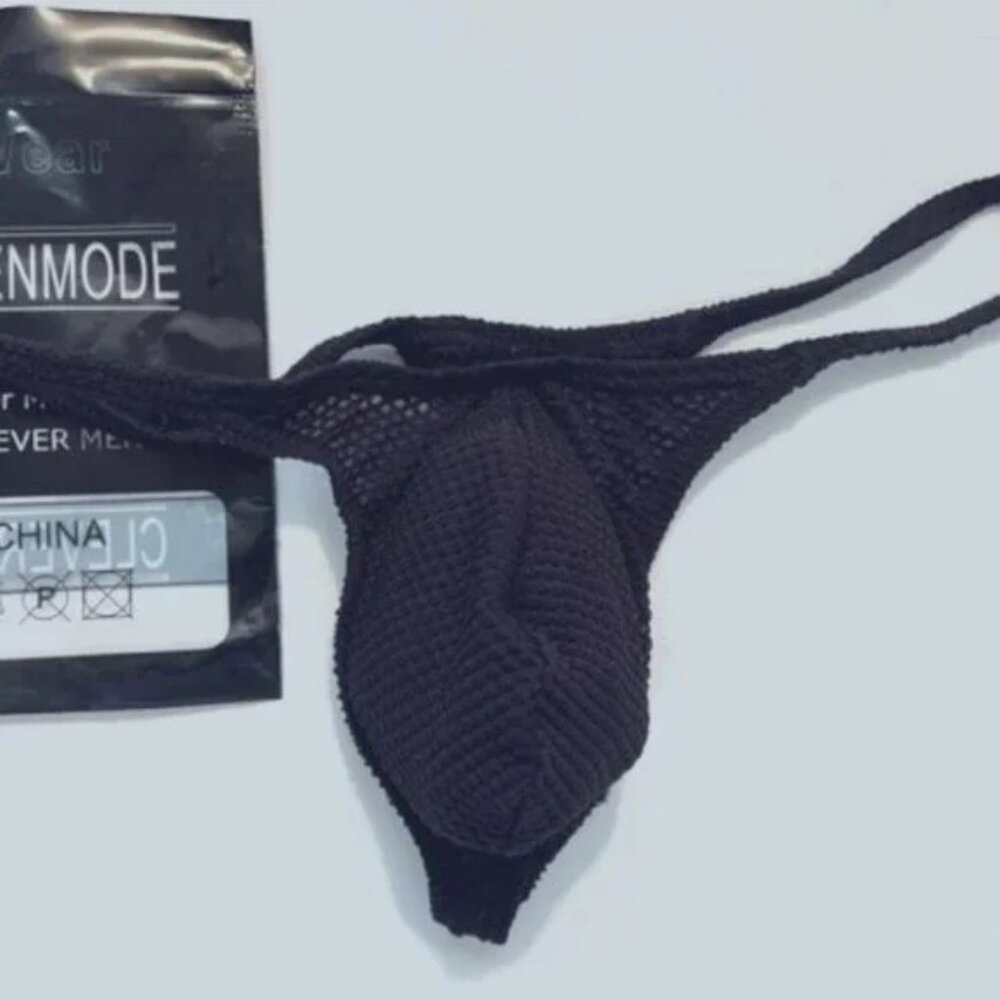 Men's Waffled See-Through '"-Back" Thong - Black  - Pouch